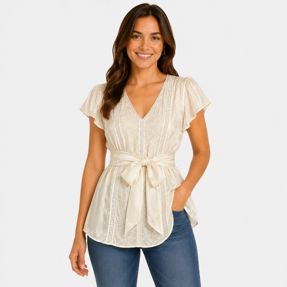 Banana Republic 100% Silk Tunic Women 10 Cream Embroidered Lace Tie Waist V-Neck